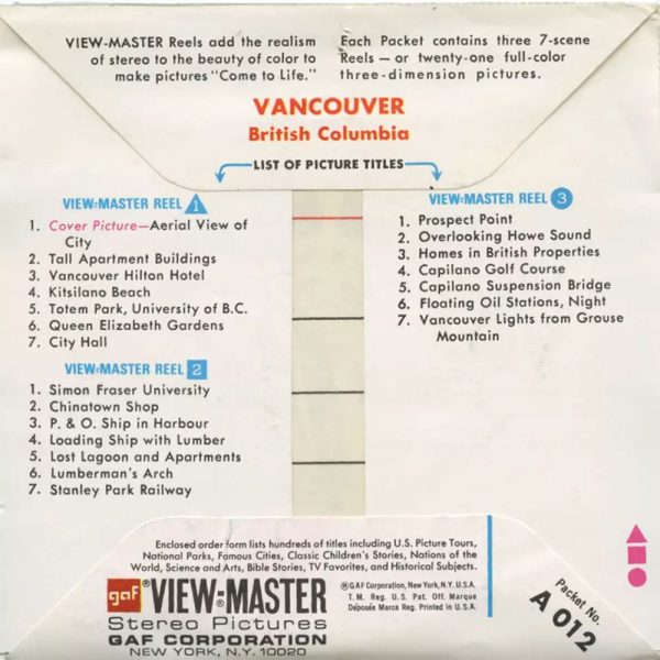 Vancouver - British Columbia - View-Master 3 Reel Packet - vintage - A012-G3B Fashion